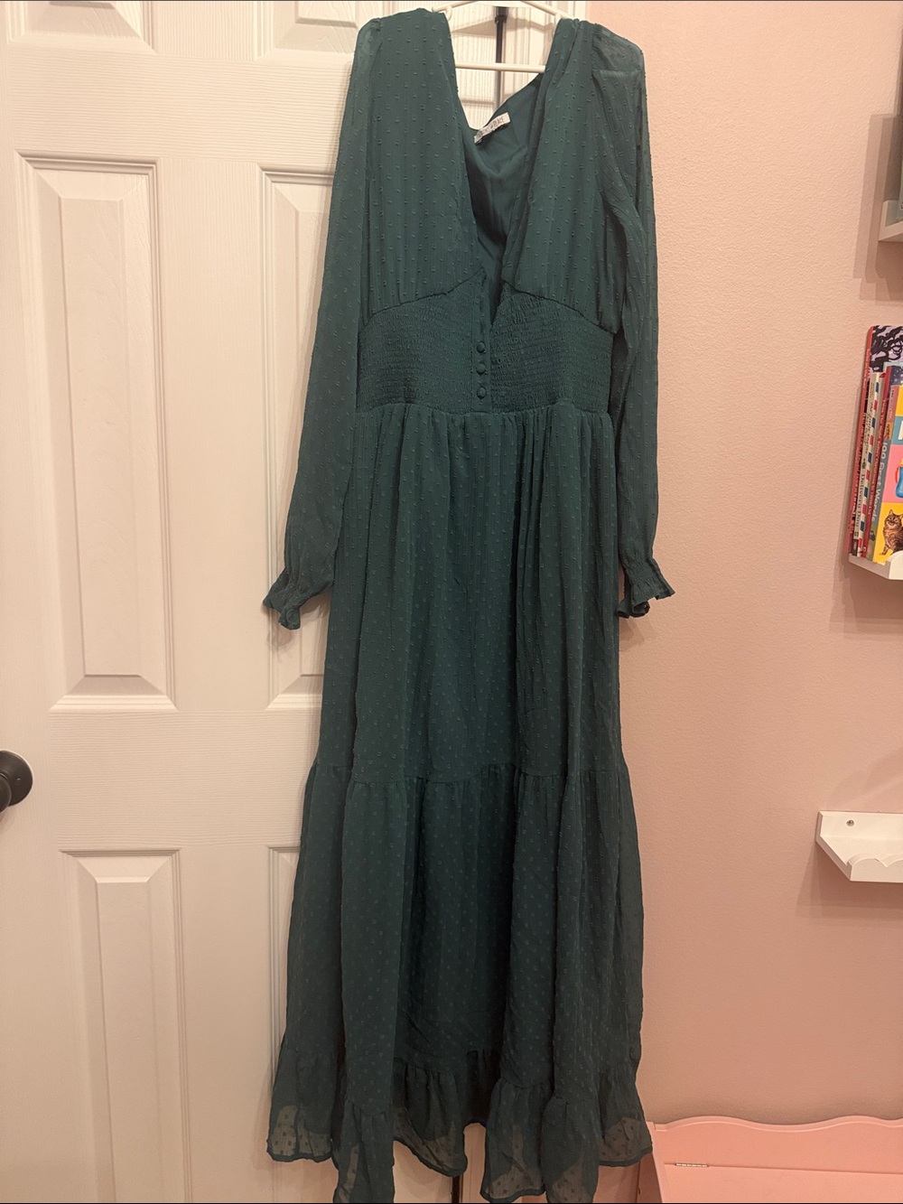 Patrons of Peace Dark Teal Long Sleeve Maxi Dress with Button Waist